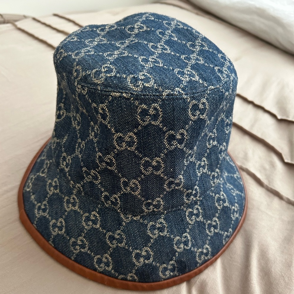 Gucci Denim Monogram Hat with Brown leather Lining